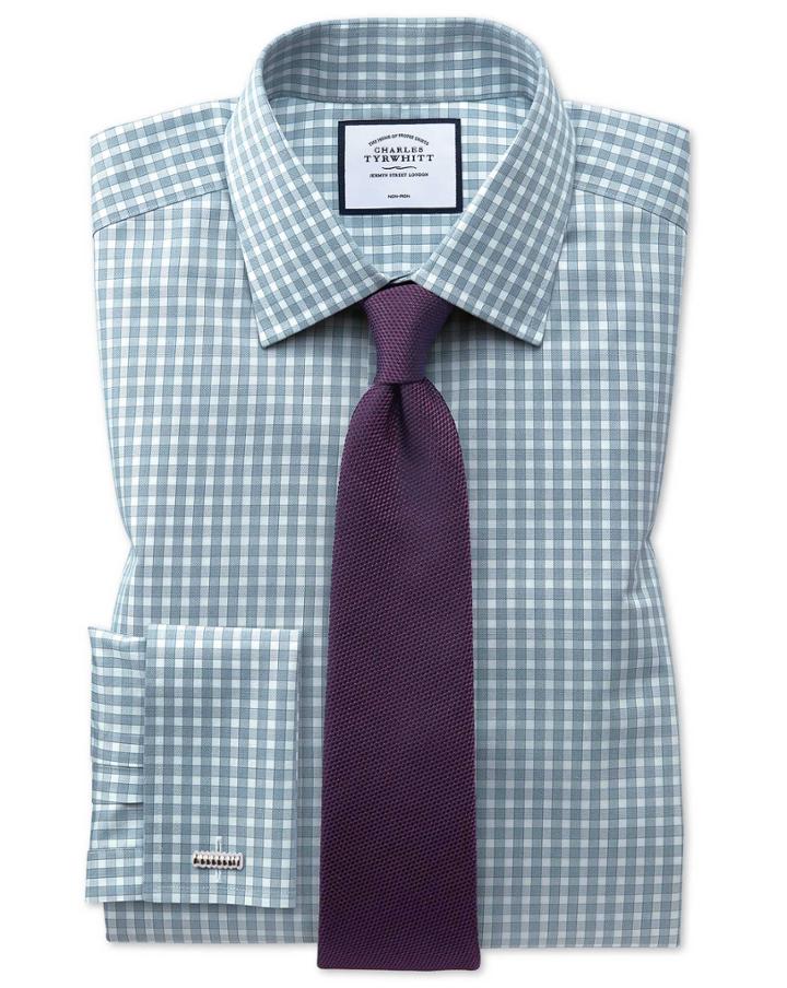  Classic Fit Non-iron Twill Gingham Teal Cotton Dress Shirt French Cuff Size 15/33 By Charles Tyrwhitt