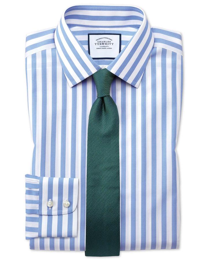  Classic Fit Non-iron Sky Blue Wide Bengal Stripe Cotton Dress Shirt Single Cuff Size 15.5/33 By Charles Tyrwhitt