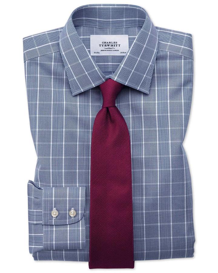 Charles Tyrwhitt Classic Fit Non-iron Prince Of Wales Navy Blue And White Cotton Dress Casual Shirt French Cuff Size 15/33 By Charles Tyrwhitt