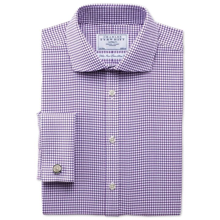 Charles Tyrwhitt Charles Tyrwhitt Extra Slim Fit Non-iron Spread Collar Basketweave Check Purple Cotton Dress Shirt Size 15/35