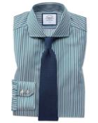  Slim Fit Non-iron Spread Collar Teal Twill Stripe Cotton Dress Shirt Single Cuff Size 14.5/33 By Charles Tyrwhitt
