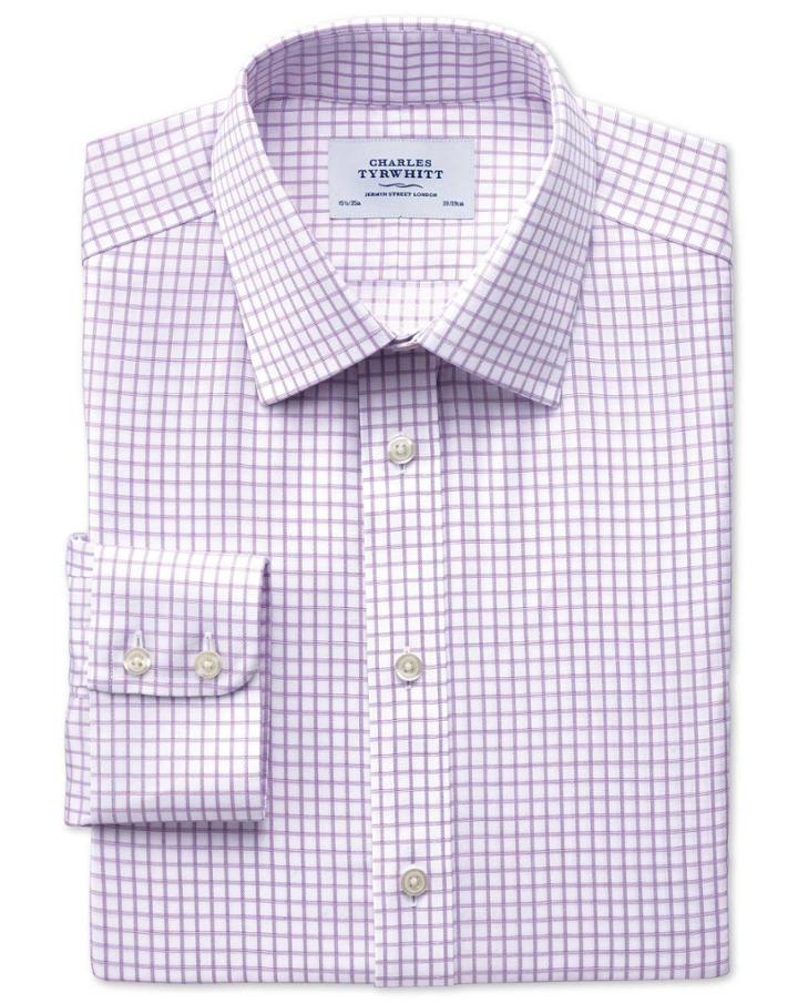 Charles Tyrwhitt Charles Tyrwhitt Classic Fit Non-iron Windowpane Check Lilac Cotton Dress Shirt Size 15/35