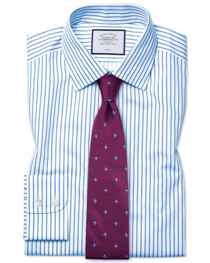  Classic Fit Non-iron Sky Blue Stripe Twill Cotton Dress Shirt Single Cuff Size 15/33 By Charles Tyrwhitt