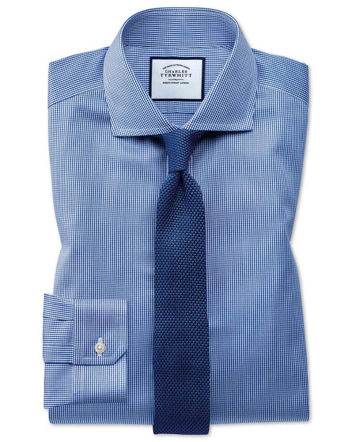  Super Slim Fit Non-iron Royal Blue Puppytooth Cotton Dress Shirt French Cuff Size 14/33 By Charles Tyrwhitt