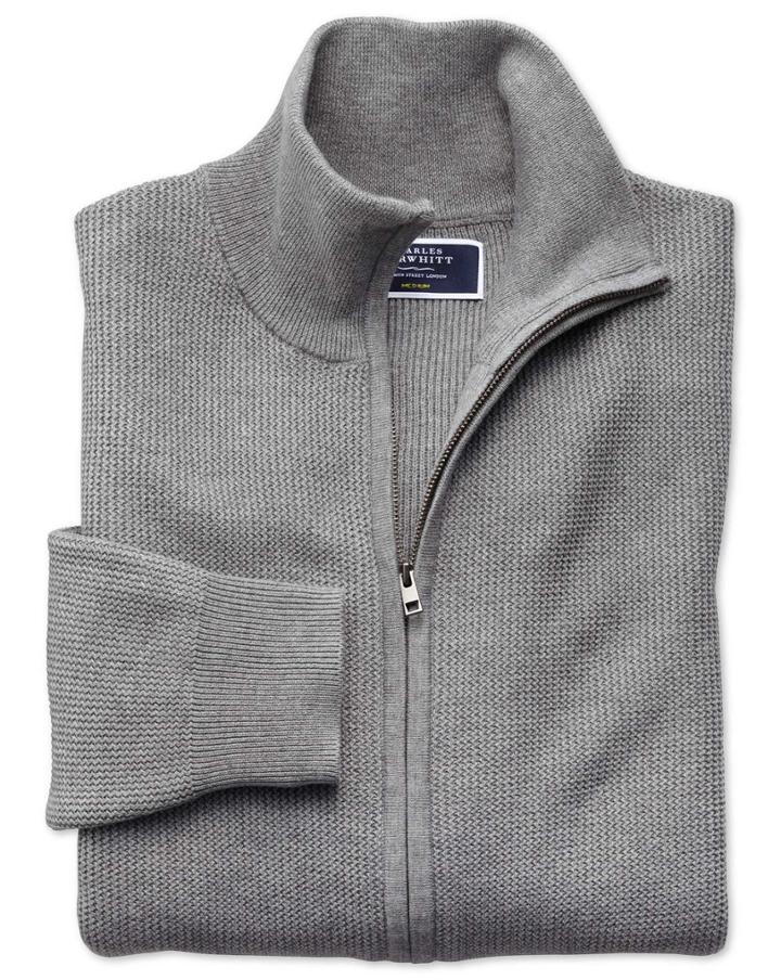 Charles Tyrwhitt Silver Pima Cotton Textured Zip Through Cardigan Size Large By Charles Tyrwhitt