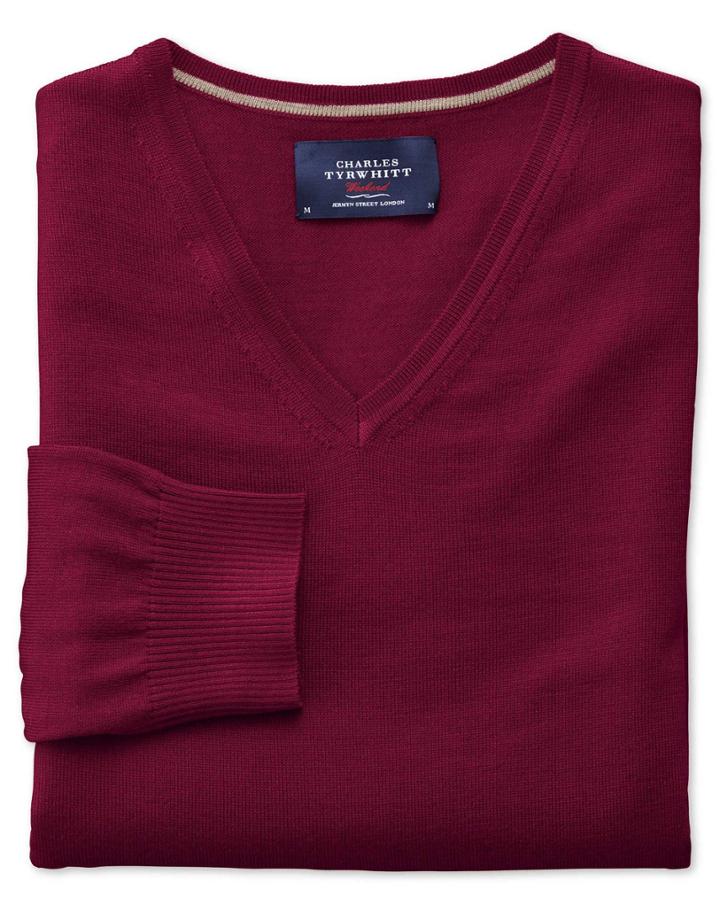 Charles Tyrwhitt Dark Red Merino Wool V-neck Sweater Size Medium By Charles Tyrwhitt