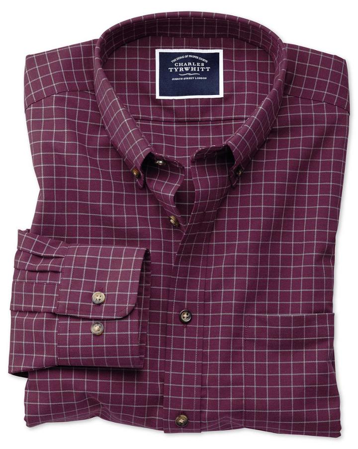  Extra Slim Fit Non-iron Berry Check Twill Cotton Casual Shirt Single Cuff Size Xl By Charles Tyrwhitt