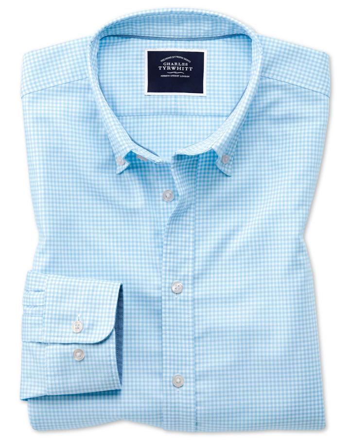  Extra Slim Fit Sky Blue Gingham Soft Washed Non-iron Stretch Cotton Casual Shirt Single Cuff Size Large By Charles Tyrwhitt