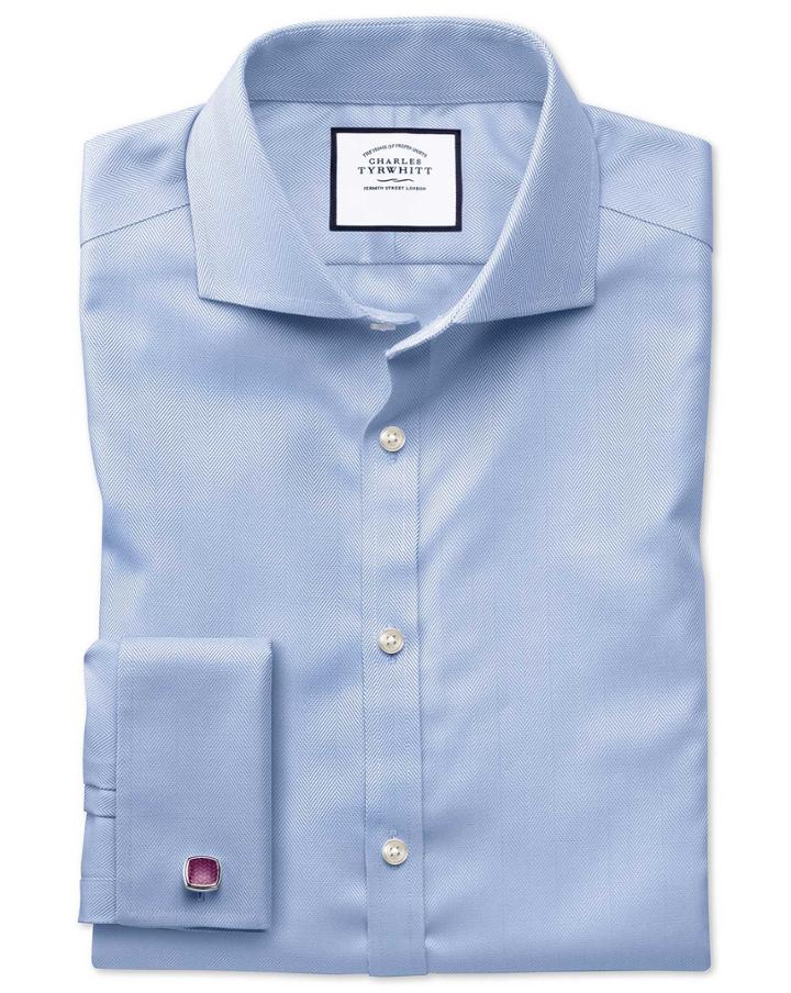 Charles Tyrwhitt Slim Fit Spread Collar Non-iron Herringbone Sky Blue Cotton Dress Shirt French Cuff Size 14.5/33 By Charles Tyrwhitt