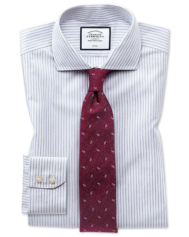  Extra Slim Fit Non-iron Shadow Stripe Grey Cotton Dress Shirt Single Cuff Size 14.5/32 By Charles Tyrwhitt