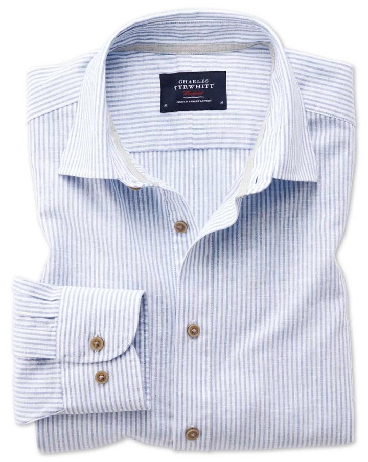 Charles Tyrwhitt Slim Fit Popover Mid Blue Stripe Cotton Casual Shirt Single Cuff Size Medium By Charles Tyrwhitt