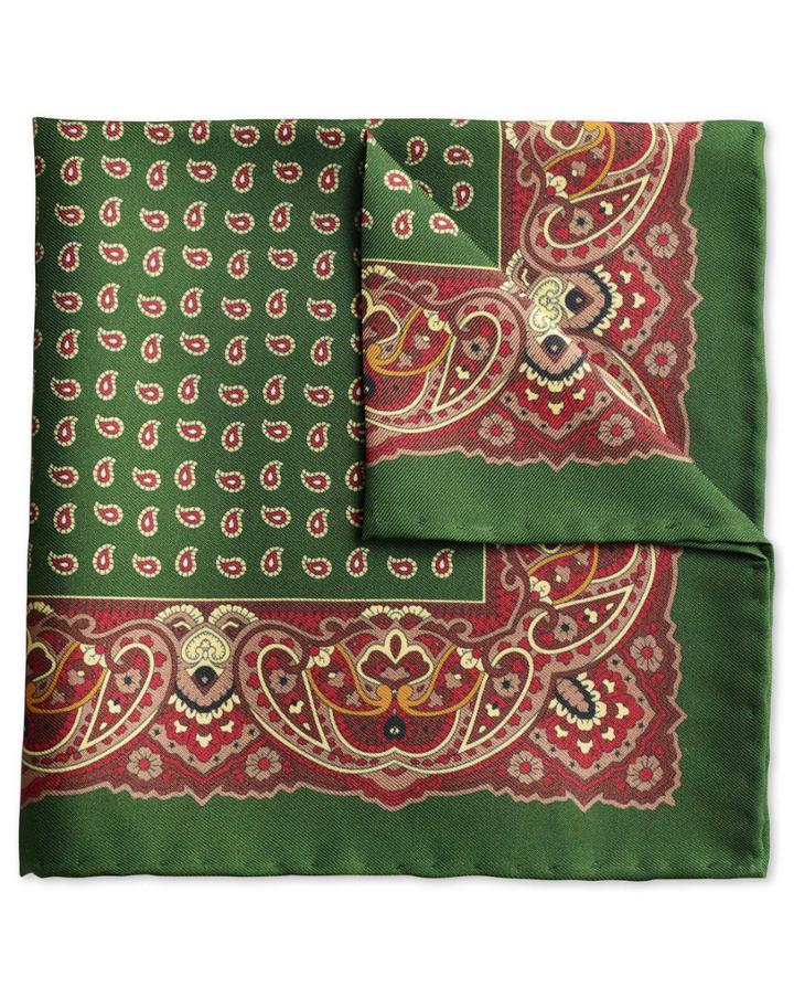  Olive Printed Border Classic Silk Pocket Square By Charles Tyrwhitt