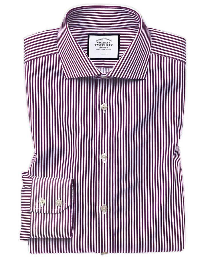  Slim Fit Non-iron Spread Collar Berry Twill Stripe Cotton Dress Shirt Single Cuff Size 14.5/33 By Charles Tyrwhitt
