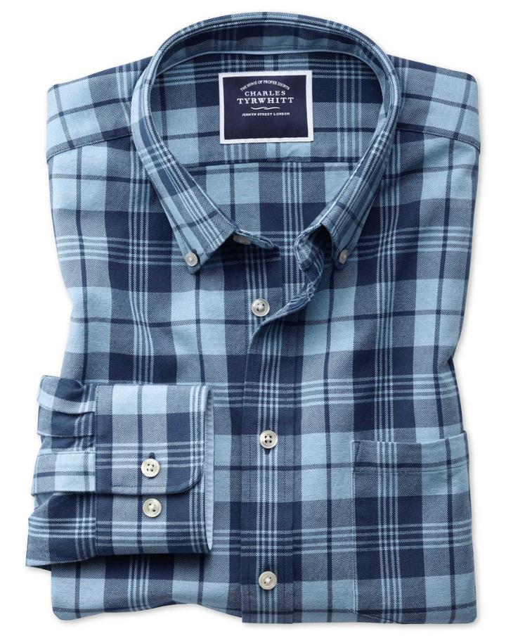  Classic Fit Button-down Washed Oxford Navy And Blue Check Cotton Casual Shirt Single Cuff Size Large By Charles Tyrwhitt