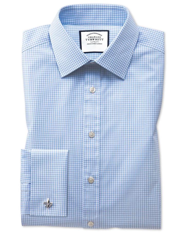  Slim Fit Small Gingham Sky Blue Cotton Dress Shirt Single Cuff Size 14.5/33 By Charles Tyrwhitt