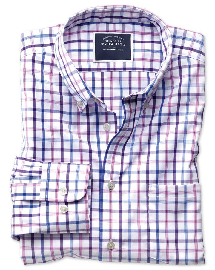 Charles Tyrwhitt Classic Fit Button-down Non-iron Poplin Lilac Multi Check Cotton Casual Shirt Single Cuff Size Medium By Charles Tyrwhitt