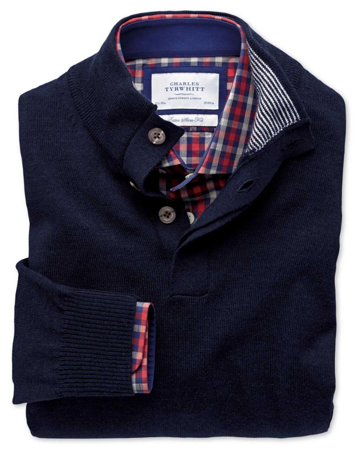 Charles Tyrwhitt Charles Tyrwhitt Navy Button Neck Merino Wool Jumper
