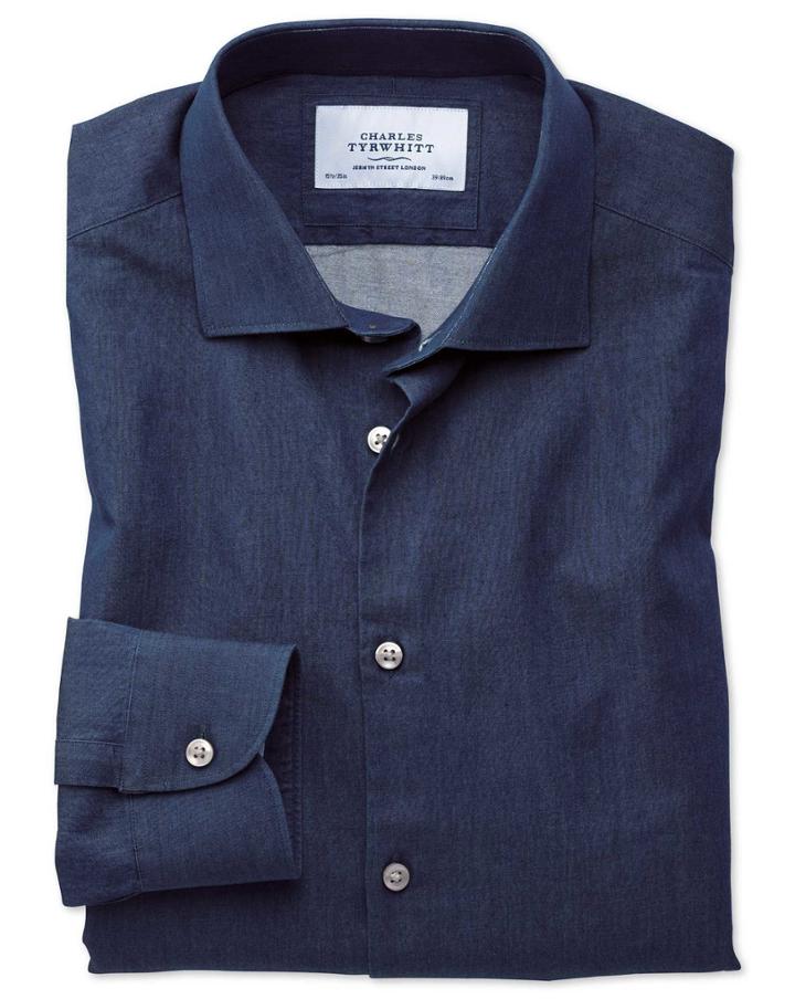 Charles Tyrwhitt Slim Fit Semi-spread Collar Business Casual Indigo Dark Blue Cotton Dress Casual Shirt Single Cuff Size 14.5/32 By Charles Tyrwhitt