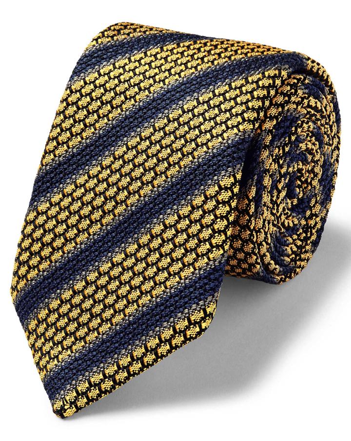  Yellow And Navy Luxury Italian Grenadine Stripe Silk Tie By Charles Tyrwhitt