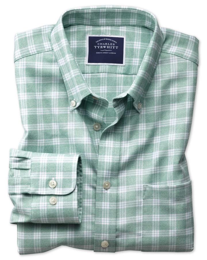  Slim Fit Button-down Non-iron Twill Green And White Cotton Casual Shirt Single Cuff Size Xs By Charles Tyrwhitt