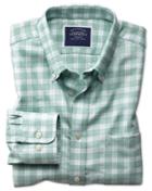  Slim Fit Button-down Non-iron Twill Green And White Cotton Casual Shirt Single Cuff Size Xs By Charles Tyrwhitt