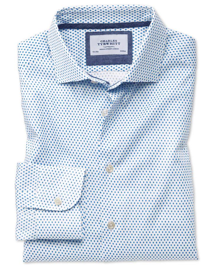Charles Tyrwhitt Slim Fit Semi-spread Collar Business Casual Diamond Print White And Blue Egyptian Cotton Dress Shirt Single Cuff Size 14.5/33 By Charles Tyrwhitt