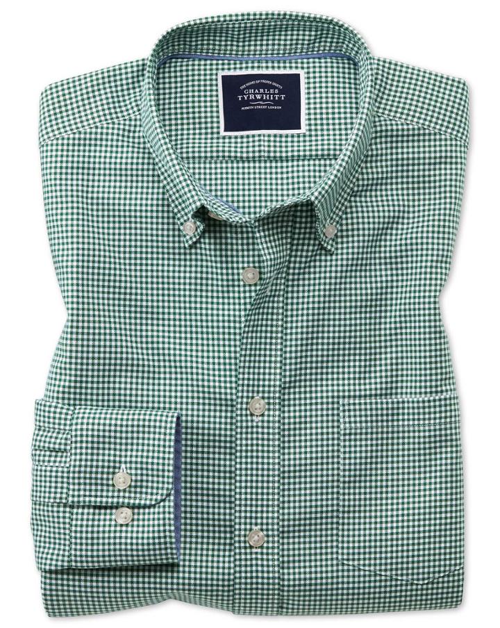  Slim Fit Dark Green Gingham Soft Washed Non-iron Stretch Cotton Casual Shirt Single Cuff Size Large By Charles Tyrwhitt