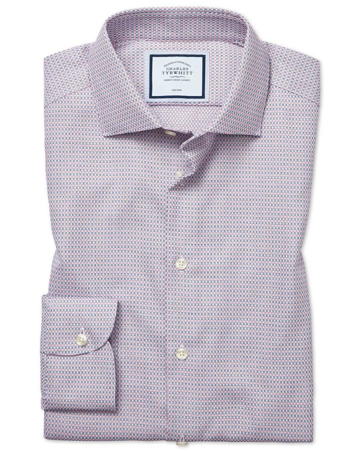  Extra Slim Fit Non-iron Natural Stretch Textures Pink And Navy Cotton Dress Shirt Single Cuff Size 14.5/32 By Charles Tyrwhitt
