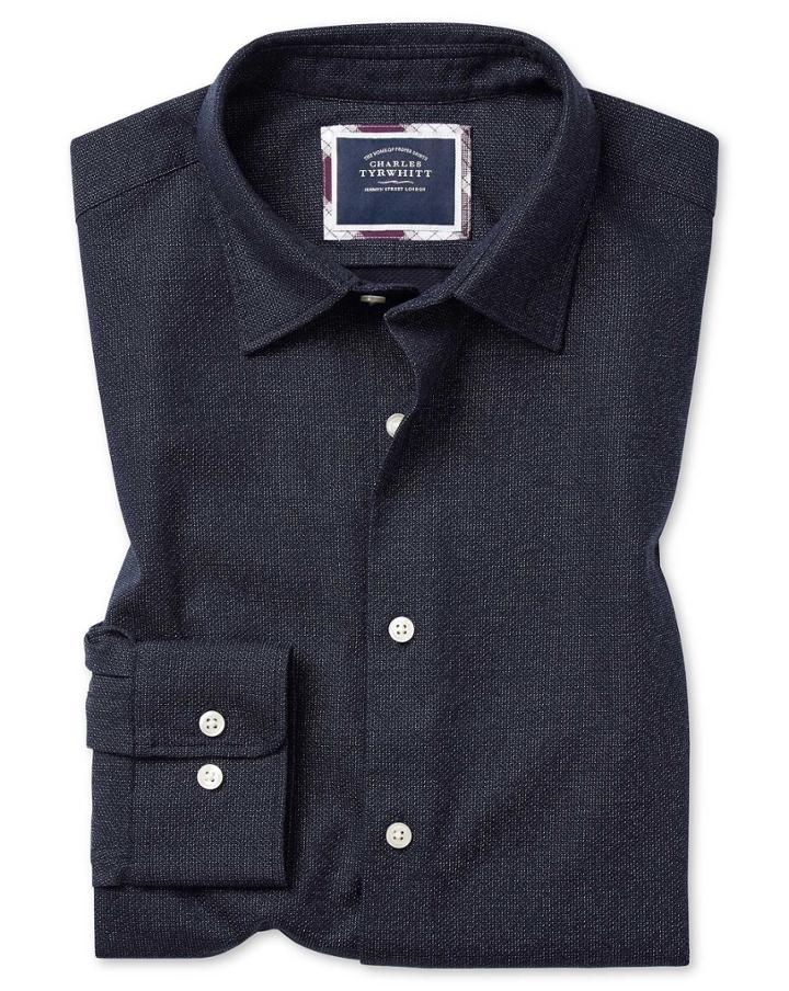  Extra Slim Fit Navy Honeycomb Soft Washed Textured Cotton Casual Shirt Single Cuff Size Large By Charles Tyrwhitt