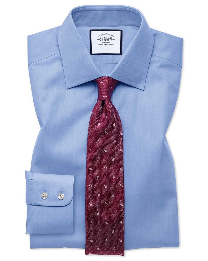  Classic Fit Sky Blue Fine Herringbone Cotton Dress Shirt French Cuff Size 15/33 By Charles Tyrwhitt