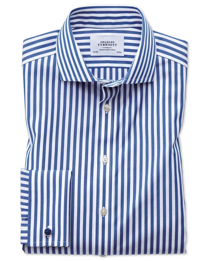 Charles Tyrwhitt Extra Slim Fit Spread Collar Non-iron Bengal Stripe Blue Cotton Dress Shirt French Cuff Size 14.5/33 By Charles Tyrwhitt