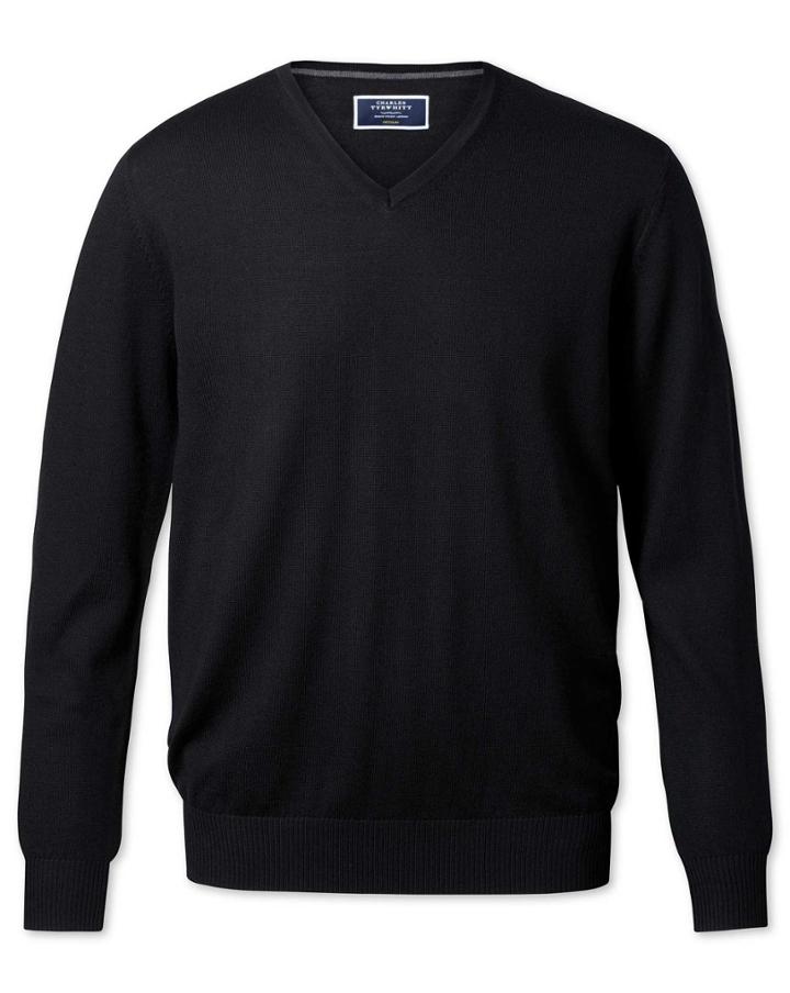  Black Merino Wool V-neck Sweater Size Medium By Charles Tyrwhitt