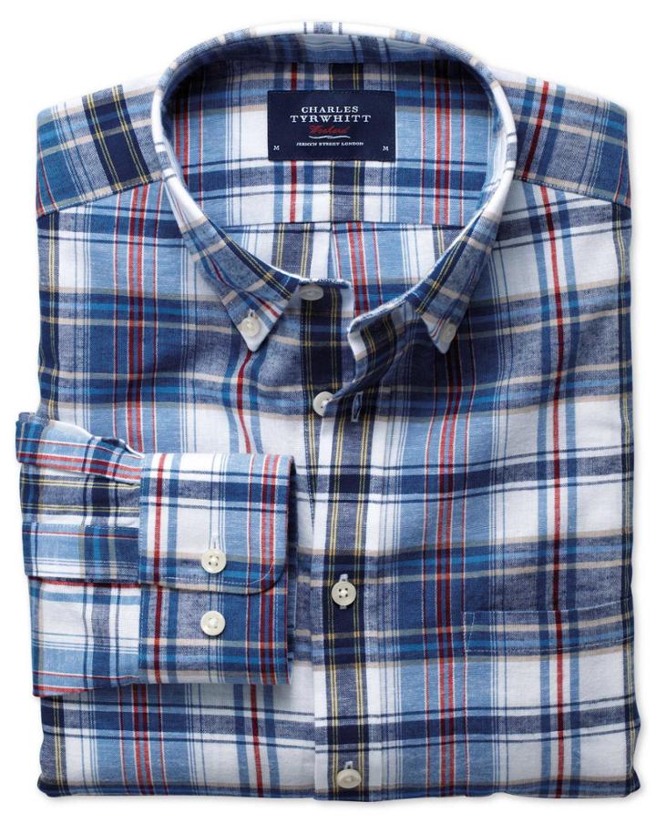 Charles Tyrwhitt Classic Fit Blue And Red Check Cotton Linen Cotton/linen Casual Shirt Single Cuff Size Large By Charles Tyrwhitt