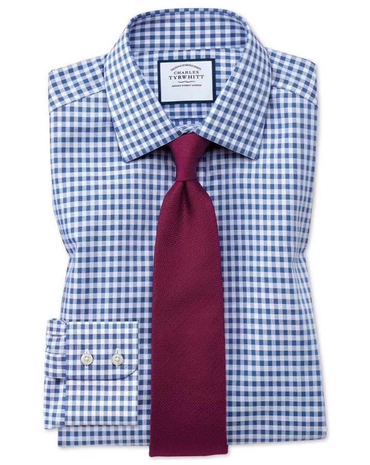 Charles Tyrwhitt Slim Fit Non-iron Gingham Mid Blue Cotton Dress Shirt Single Cuff Size 15/33 By Charles Tyrwhitt