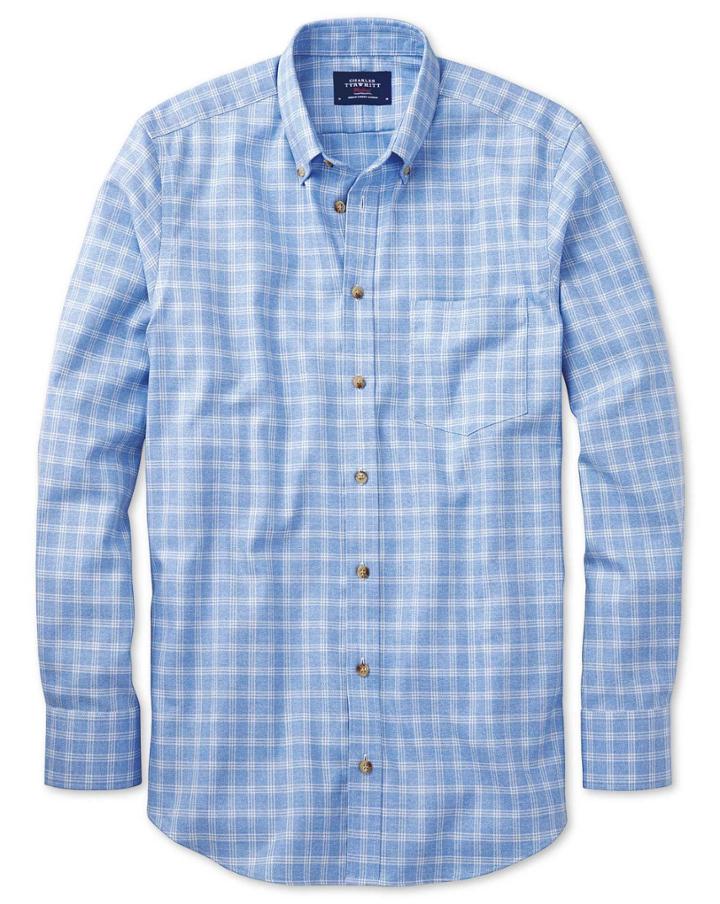 Charles Tyrwhitt Charles Tyrwhitt Slim Fit Non-iron Windowpane Check Sky Blue Cotton Dress Shirt Size Large