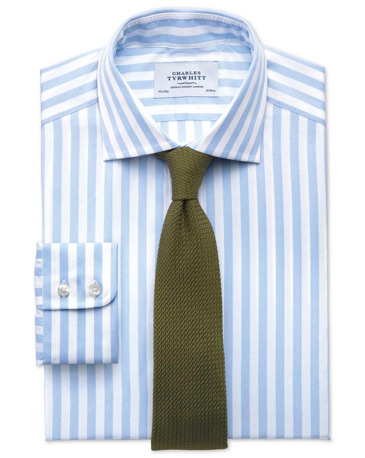  Classic Fit Semi-spread Collar Egyptian Cotton Stripe Sky Blue Dress Shirt Single Cuff Size 18/35 By Charles Tyrwhitt