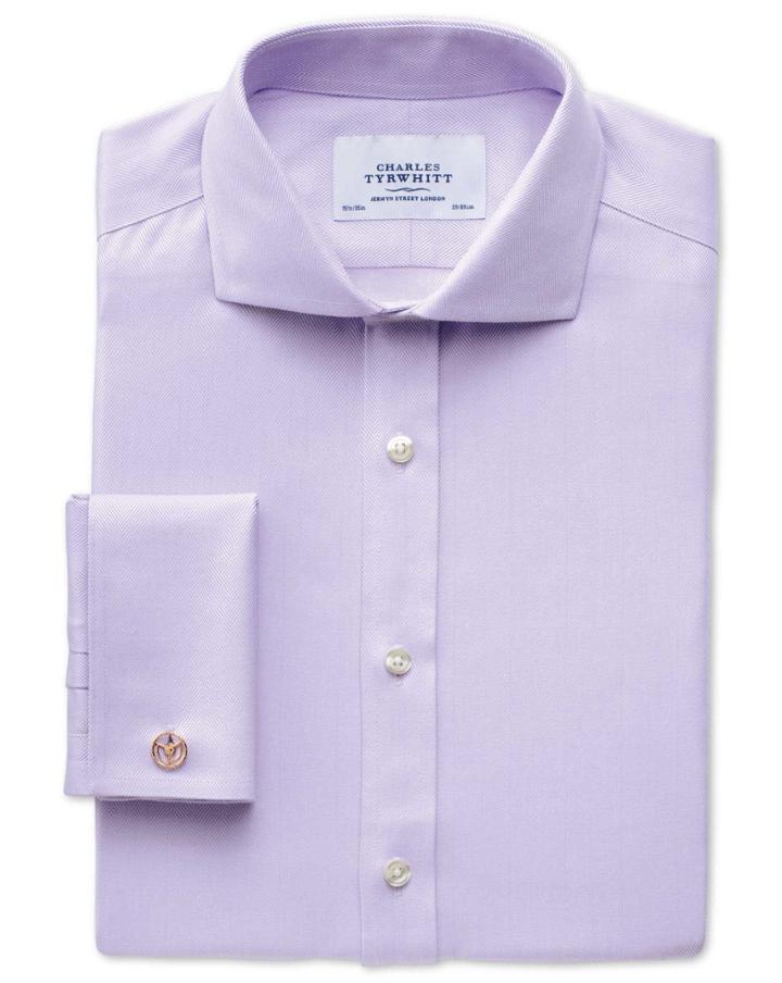 Charles Tyrwhitt Charles Tyrwhitt Extra Slim Fit Spread Collar Non-iron Herringbone Lilac Cotton Dress Shirt Size 15.5/36