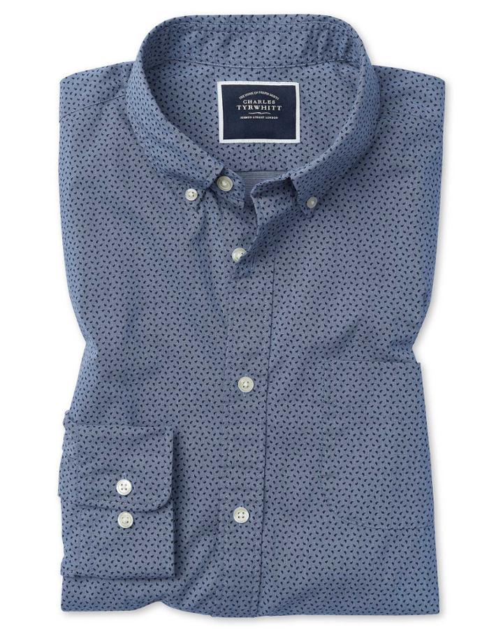  Slim Fit Navy Print Soft Washed Stretch Poplin Cotton Casual Shirt Single Cuff Size Large By Charles Tyrwhitt