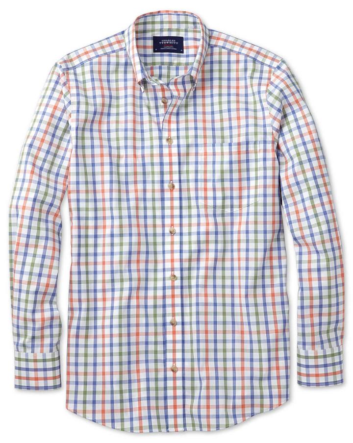Charles Tyrwhitt Charles Tyrwhitt Slim Fit Non-iron Poplin Green And Orange Check Cotton Dress Shirt Size Xs