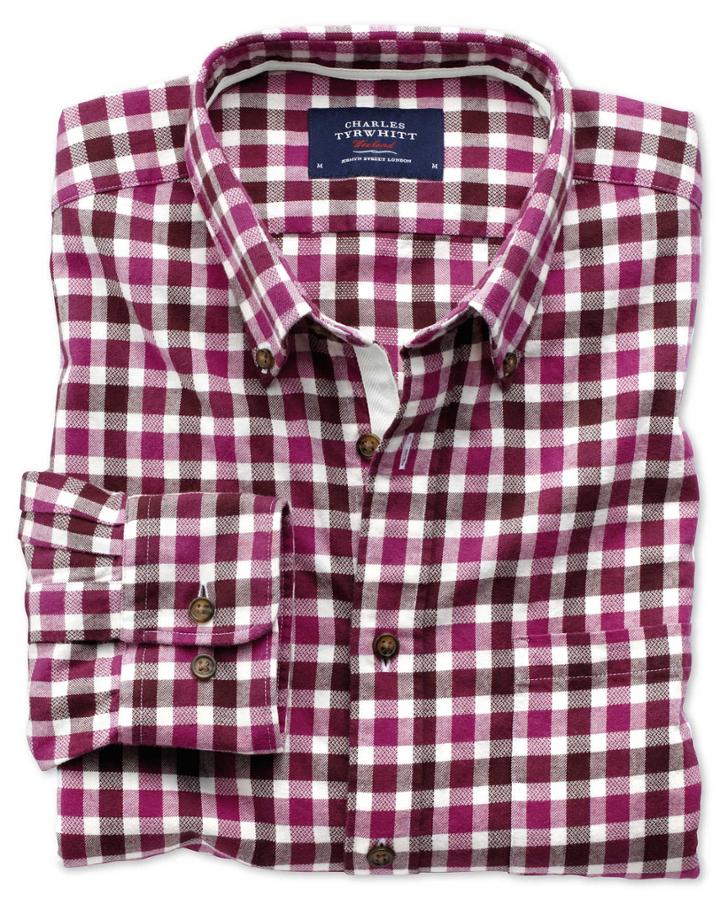 Charles Tyrwhitt Slim Fit Berry Check Brushed Dobby Cotton Casual Shirt Single Cuff Size Xs By Charles Tyrwhitt