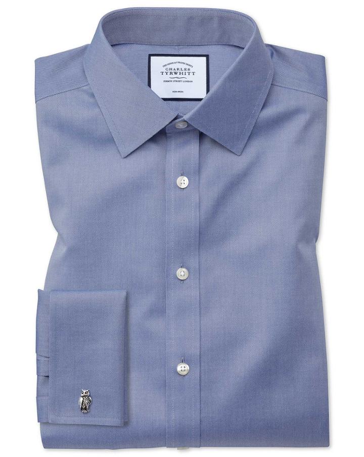  Slim Fit Non-iron Twill Mid Blue Cotton Dress Shirt French Cuff Size 14.5/33 By Charles Tyrwhitt