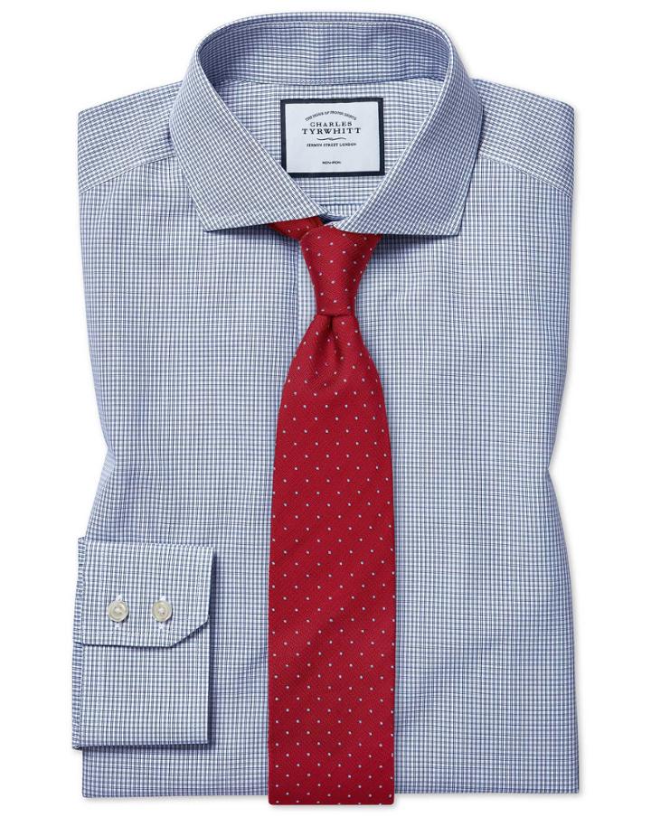  Slim Fit Non-iron Tyrwhitt Cool Poplin Check Blue Cotton Dress Shirt Single Cuff Size 14.5/32 By Charles Tyrwhitt