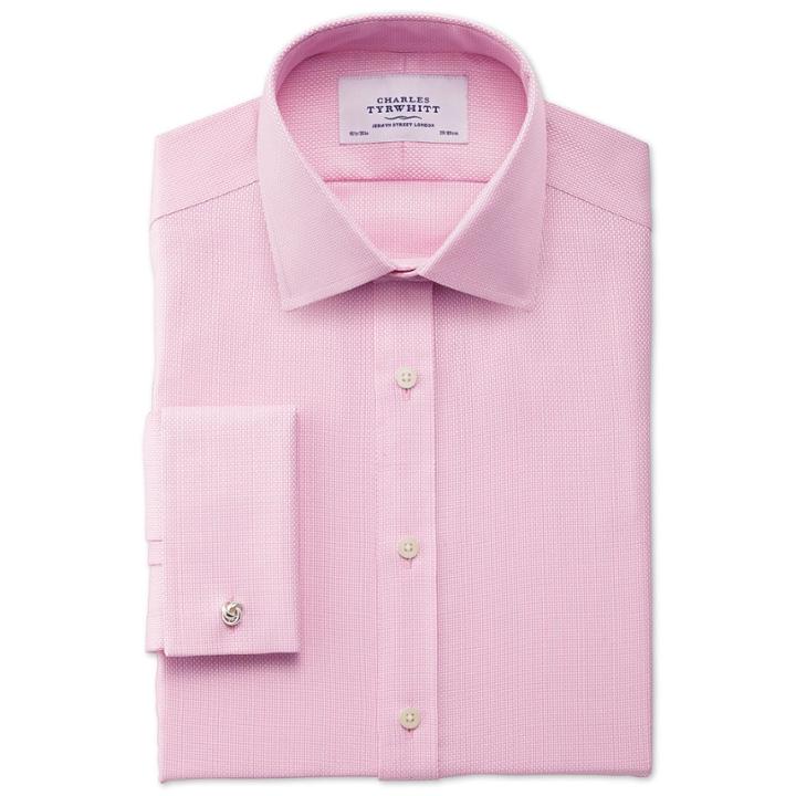 Charles Tyrwhitt Charles Tyrwhitt Slim Fit Non-iron Buckingham Weave Pink Cotton Dress Shirt Size 15.5/37