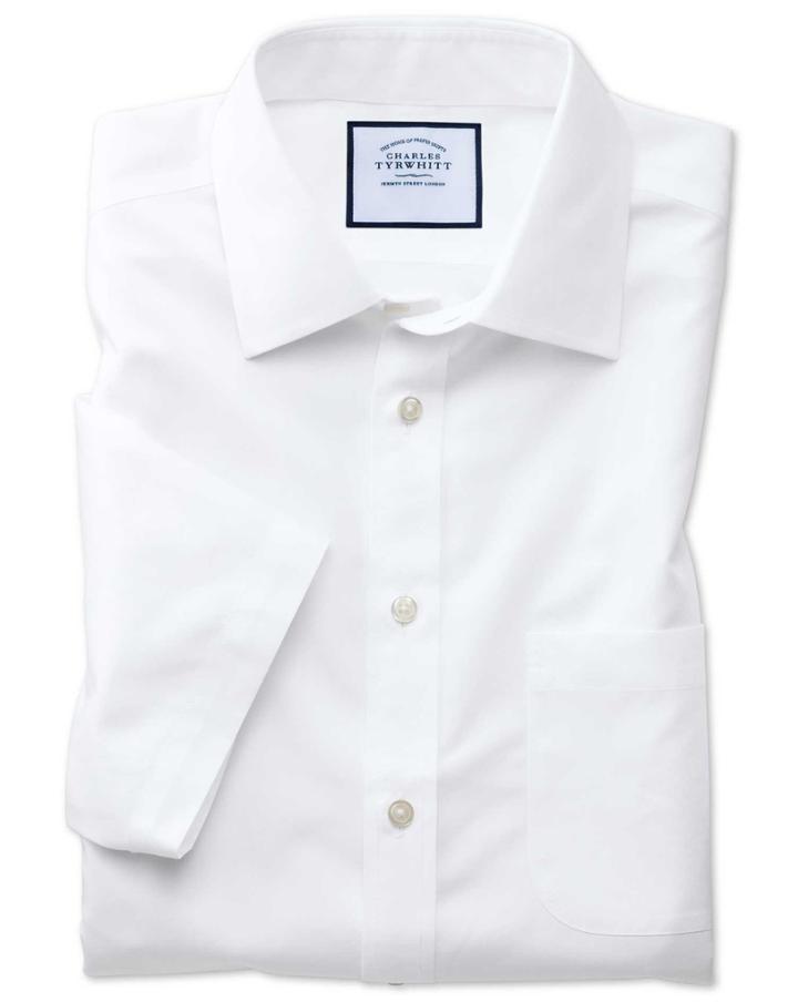 Charles Tyrwhitt Slim Fit Non-iron Poplin Short Sleeve White Cotton Dress Shirt Size 14.5/short By Charles Tyrwhitt