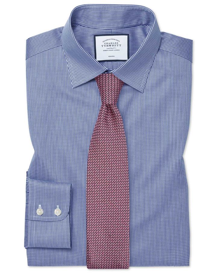  Slim Fit Non-iron Royal Blue Puppytooth Cotton Dress Shirt Single Cuff Size 14.5/33 By Charles Tyrwhitt