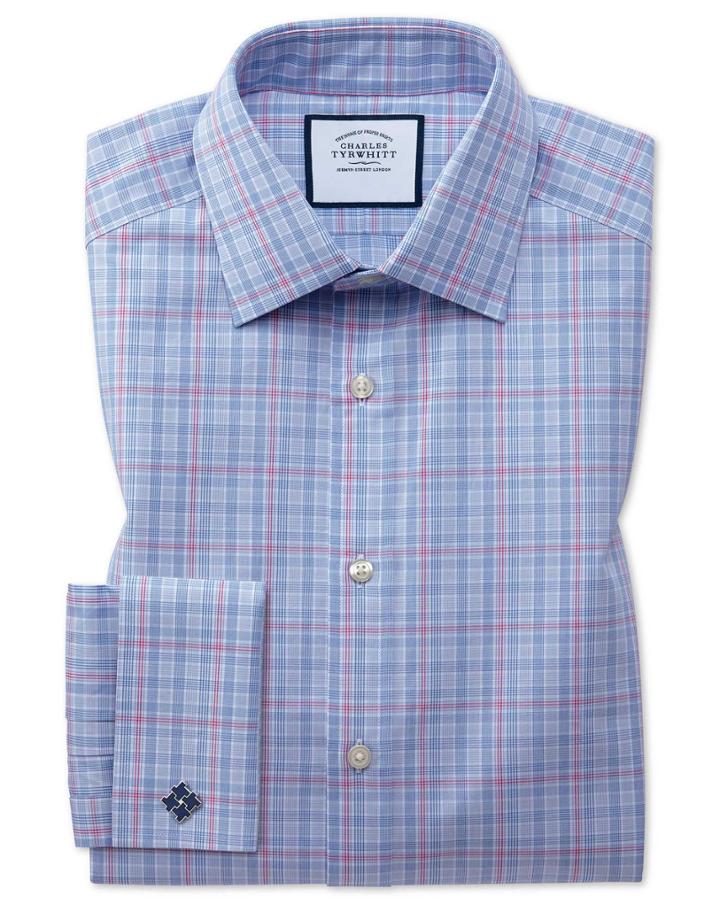 Slim Fit Blue And Pink Prince Of Wales Check Cotton Dress Shirt Single Cuff Size 14.5/32 By Charles Tyrwhitt