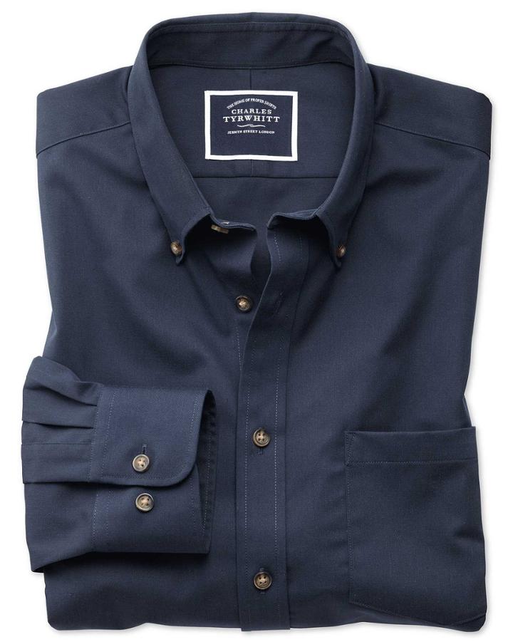  Classic Fit Non-iron Button Down Collar Navy Twill Cotton Casual Shirt Single Cuff Size Large By Charles Tyrwhitt
