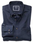  Classic Fit Non-iron Button Down Collar Navy Twill Cotton Casual Shirt Single Cuff Size Large By Charles Tyrwhitt