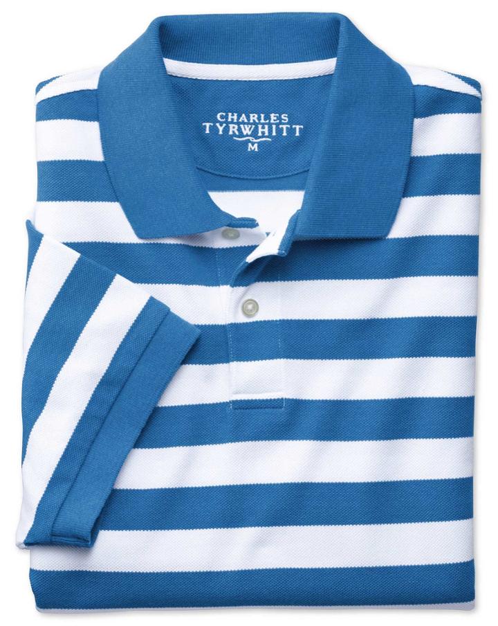 Charles Tyrwhitt Blue And White Stripe Melange Pique Cotton Polo Size Large By Charles Tyrwhitt