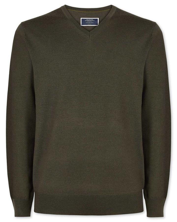 Olive Merino V Neck Wool Sweater Size Large By Charles Tyrwhitt
